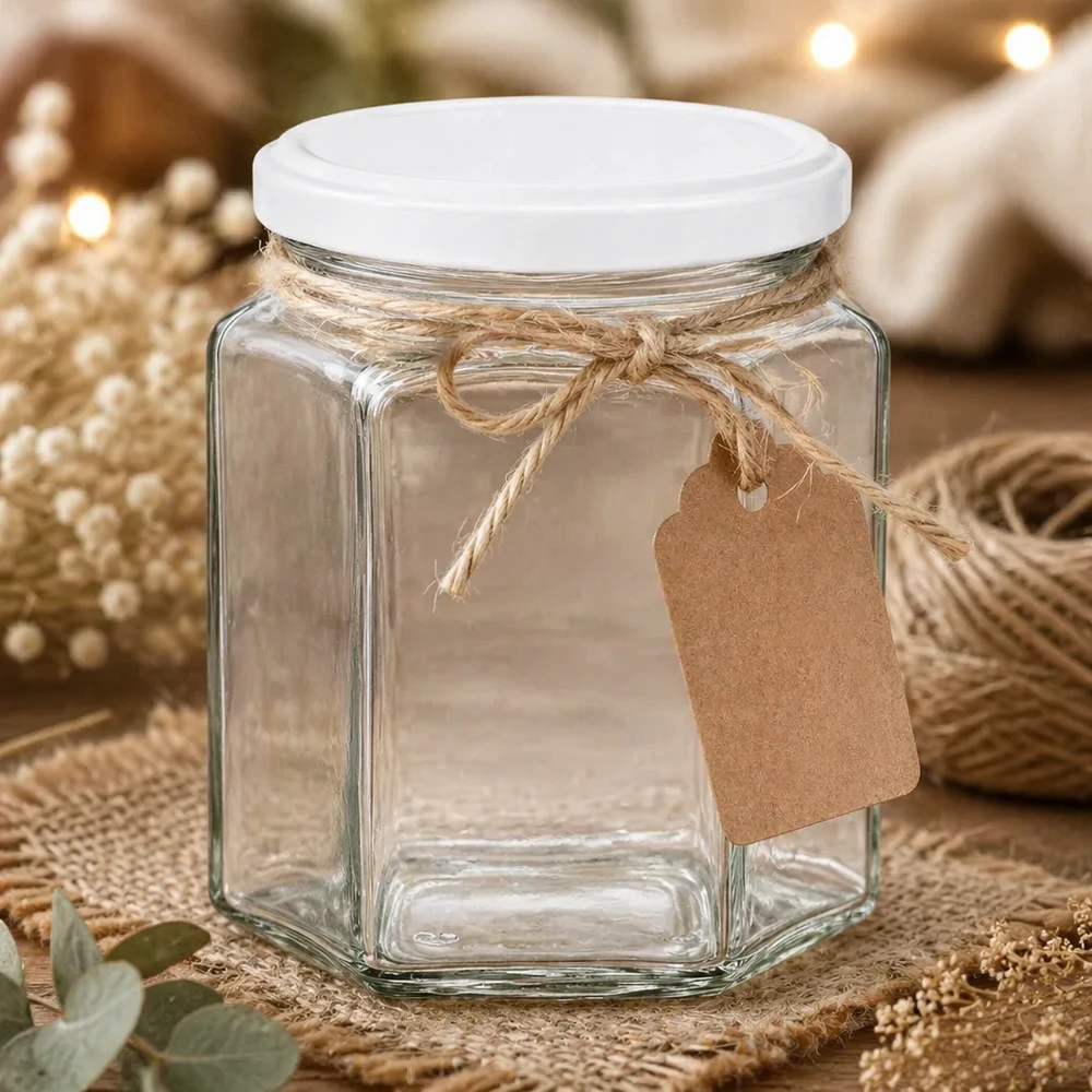 400g Honigglas mit weißem Deckel BasicSeal UNiTWIST 400g Honigglas hexagonal leer mit Kraftpapier-Anhänger und Juteschnur als Geschenkverpackung auf Naturtisch