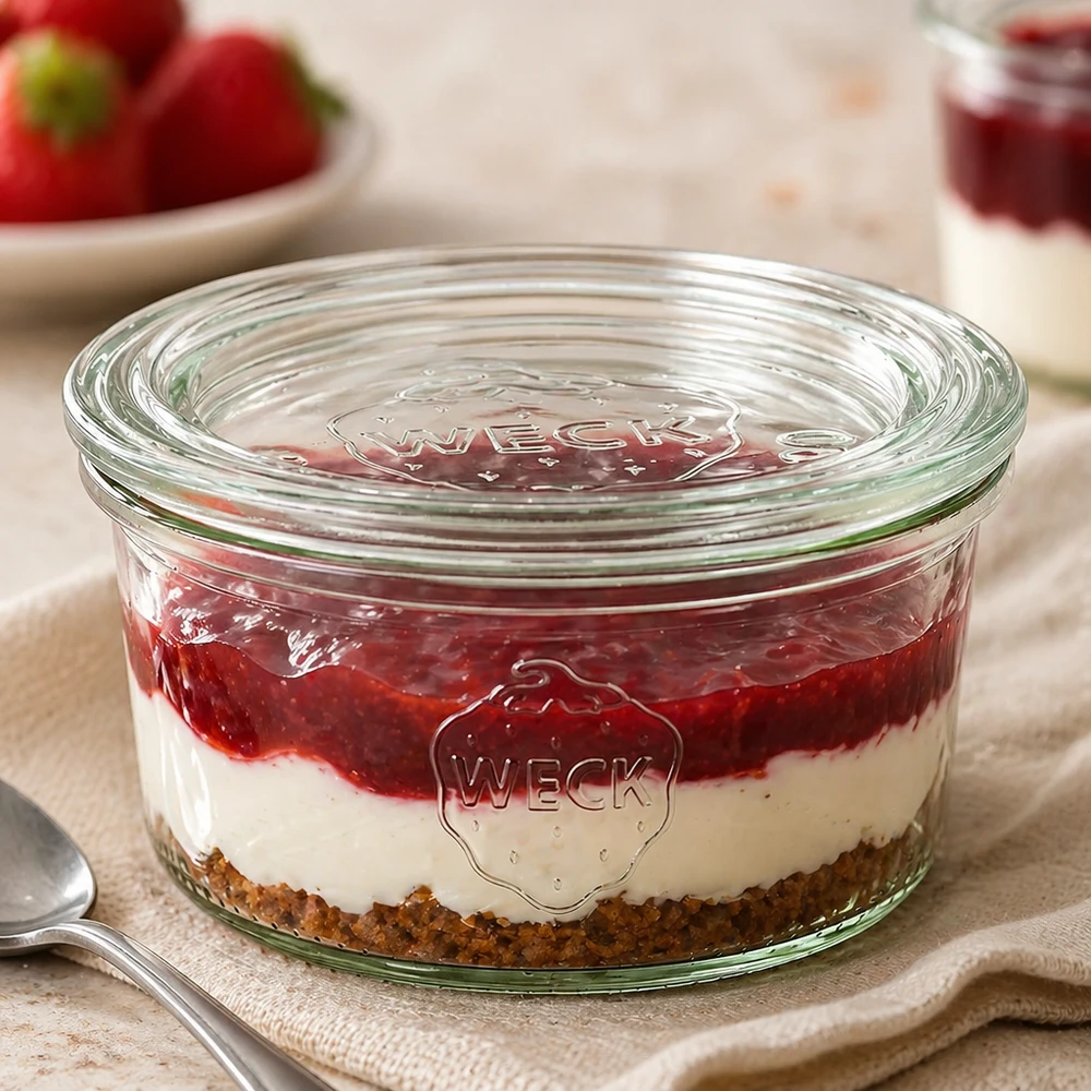 165ml tumblery se skleněným víčkem WECK RR80 WECK Sturzglas 165ml RR80 mit geschichtetem Dessert gefüllt zeigt Vielseitigkeit für Süßspeisen und Portionierung