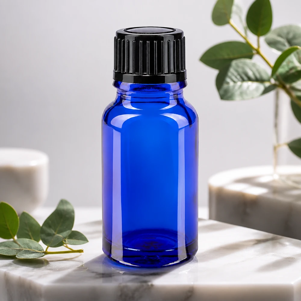 Nachfüllbare 10ml Apothekerflasche blau Glas mit schwarzem Kunststoffverschluss 11mm