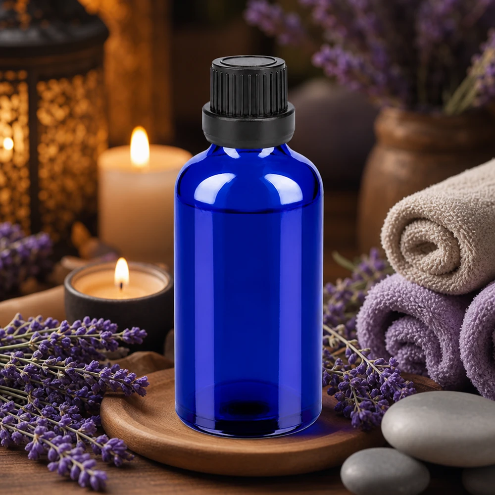 50ml láhev 11mm šroubovací uzávěr černý BlueLine UT18/50. Professionelle 50ml Glasflasche in Apothekerqualität mit schwarzem Sicherheitsverschluss