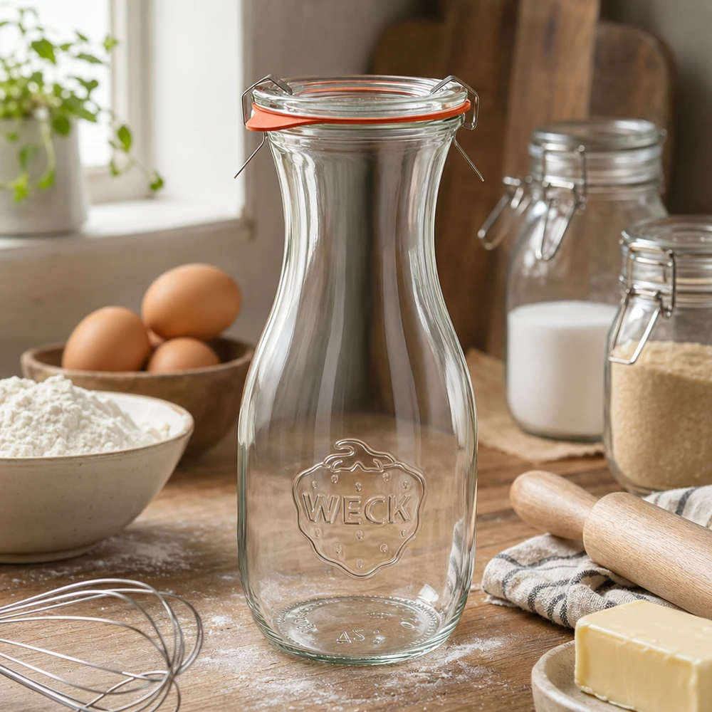 530ml láhev na džus kompletní WECK RR60 WECK Saftflasche 530ml RR60 in Küchenumgebung mit Backzutaten Eiern Mehl und Butter auf Holzarbeitsfläche