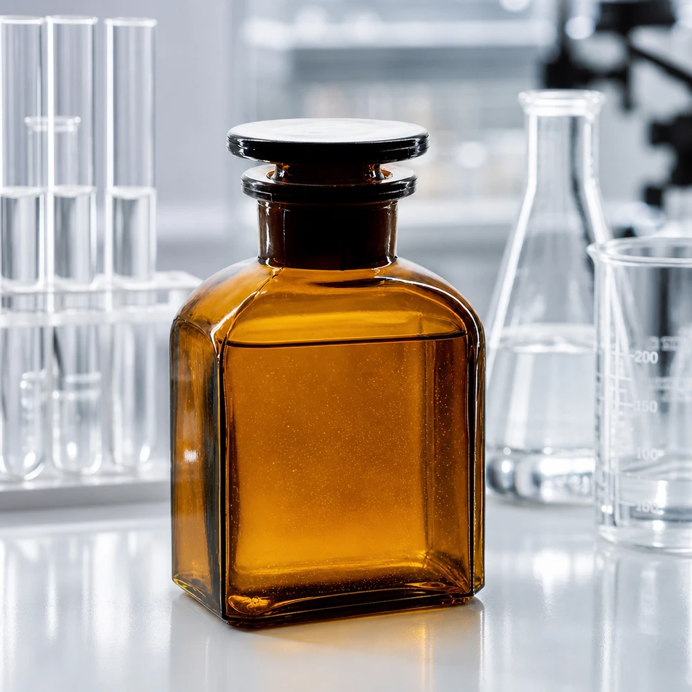 Čtvercová láhev 150ml hnědá skleněná zátka se širokým hrdlem Vierkant-Vorratsflasche 150ml mit breitem Glasstopfen in Braunglas für Laborchemie und Pharmazie