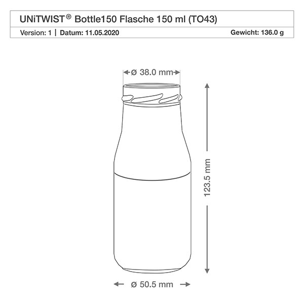 Láhev 150 ml bez víčka (TO43) UNiTWIST UNiTWIST Bottle150 Glasflasche 150ml TO43 mit Maßangaben 38mm Durchmesser 123,5mm Höhe technische Zeichnung