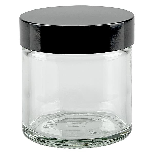 Skleněná dóza 60 ml čirá, s černým bakelitovým víčkem ApoGlas Skleněná dóza 60 ml čirá, s černým bakelitovým víčkem ApoGlas