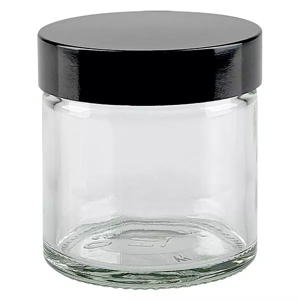 Skleněná dóza 60 ml čirá, s černým bakelitovým víčkem ApoGlas Skleněná dóza 60 ml čirá, s černým bakelitovým víčkem ApoGlas
