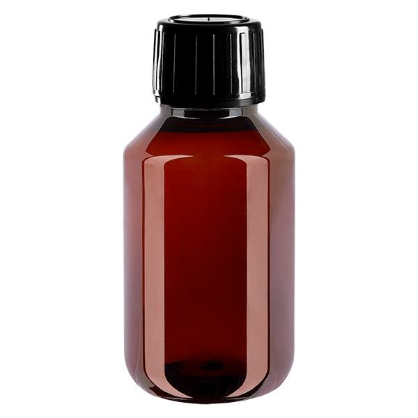 PET láhev 100 ml s černým uzávěrem s ochranou proti manipulaci PET láhev 100 ml s černým uzávěrem s ochranou proti manipulaci