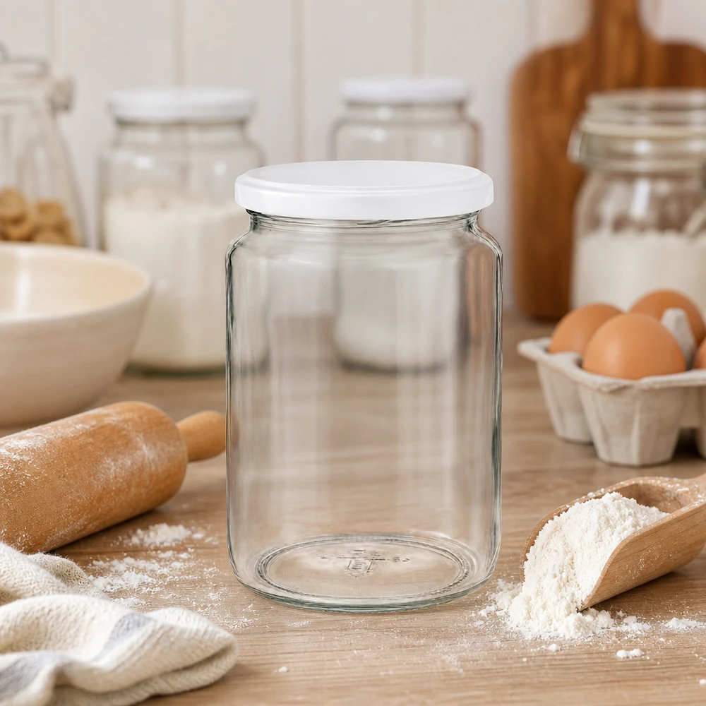 795ml Rundglas UNiTWIST in Küchenszene mit Backzutaten zeigt vielseitige Verwendung als Vorratsglas für Mehl