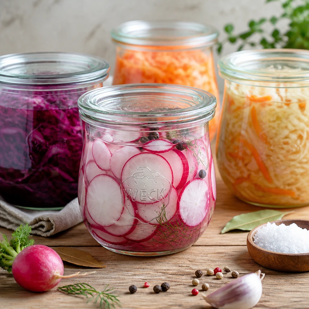 WECK Tulpenglas 370ml RR80 mit eingelegten Radieschen und fermentiertem Gemüse auf Holztisch mit Gewürzen