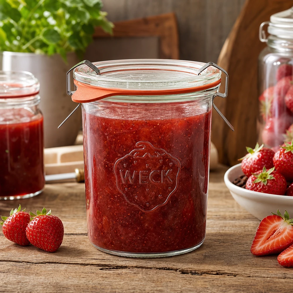 WECK Einmachglas 160ml befüllt mit Erdbeermarmelade auf Holztisch mit frischen Erdbeeren und Küchenambiente