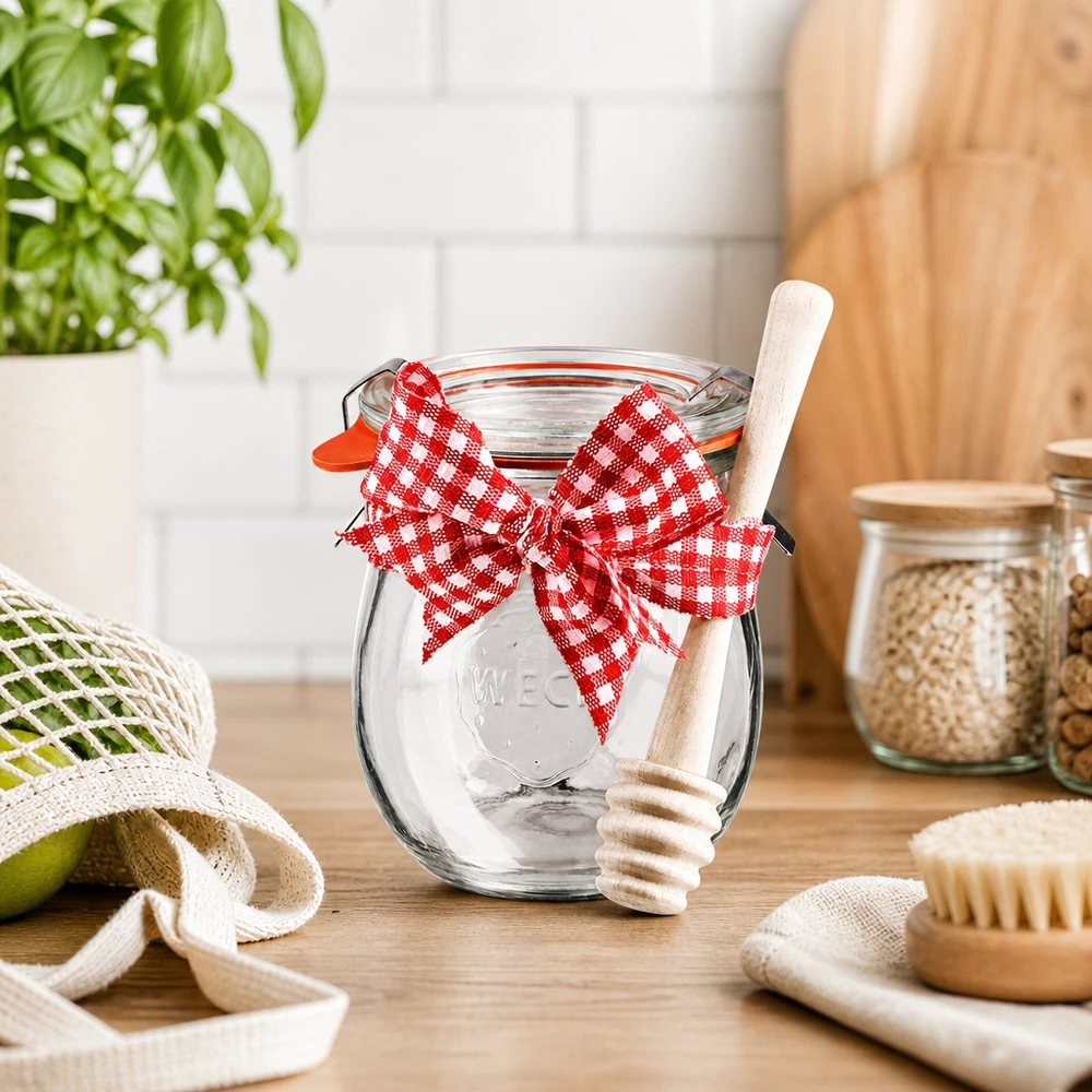 Mini dóza na tulipány WECK 220ml kompletní s medovou lžičkou a přívěskem. WECK Mini-Tulpenglas 220ml in nachhaltiger Küche mit Holz-Honiglöffel, rot-weißer Schleife und Öko-Zubehör