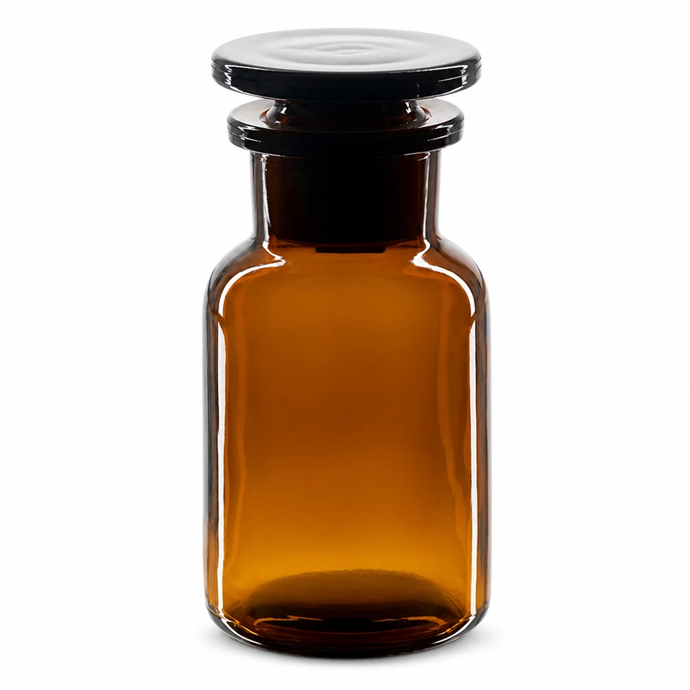 Láhev s kulatým ramenem 100ml hnědá se širokým hrdlem skleněná zátka Lichtschutzflasche 100ml Braunglas Weithals Rundschulter mit Glasstopfenverschluss
