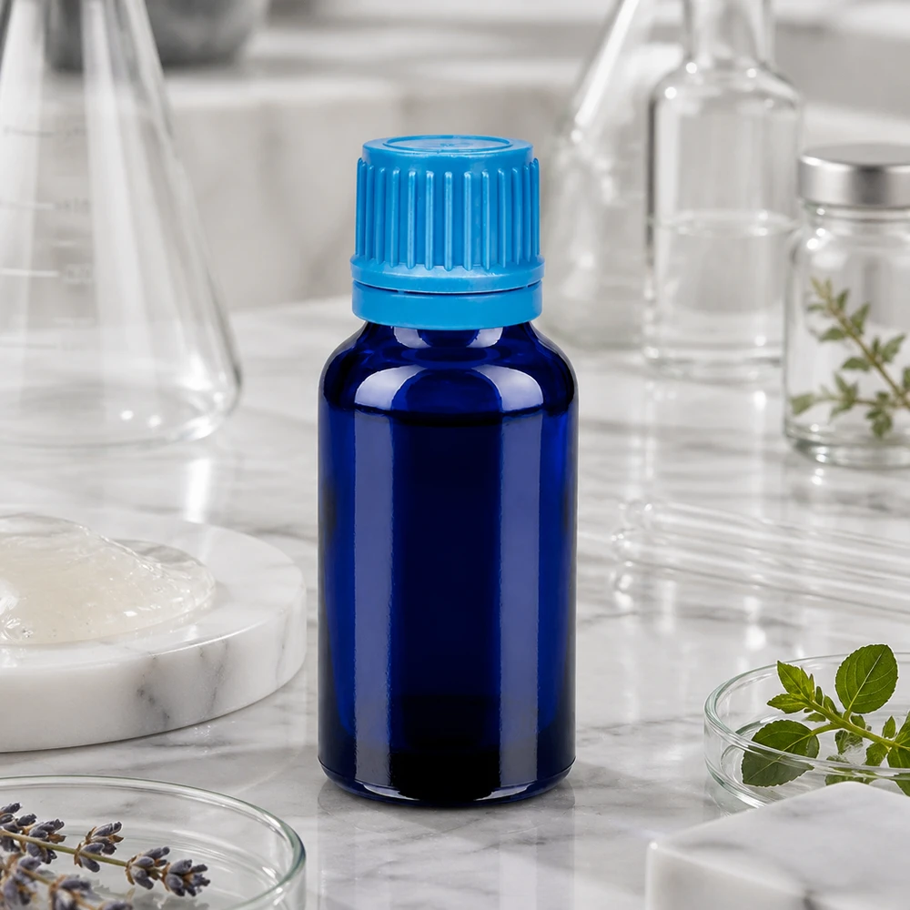 20ml láhev 11mm šroubovací uzávěr modrý uzávěr s ochranou proti manipulaci BlueLine UT18/20 Kompakte BlueLine 20ml Glasflasche mit UT18/20 Gewinde für sichere Aufbewahrung von Essenzen