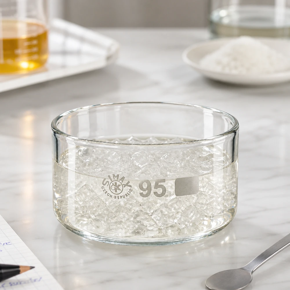 300ml krystalizační miska bez výlevky borosilikátová ø95mm 300ml Laborschale ohne Ausguss mit gequollenen Wasserperlen klares Borosilikatglas Simax 95mm