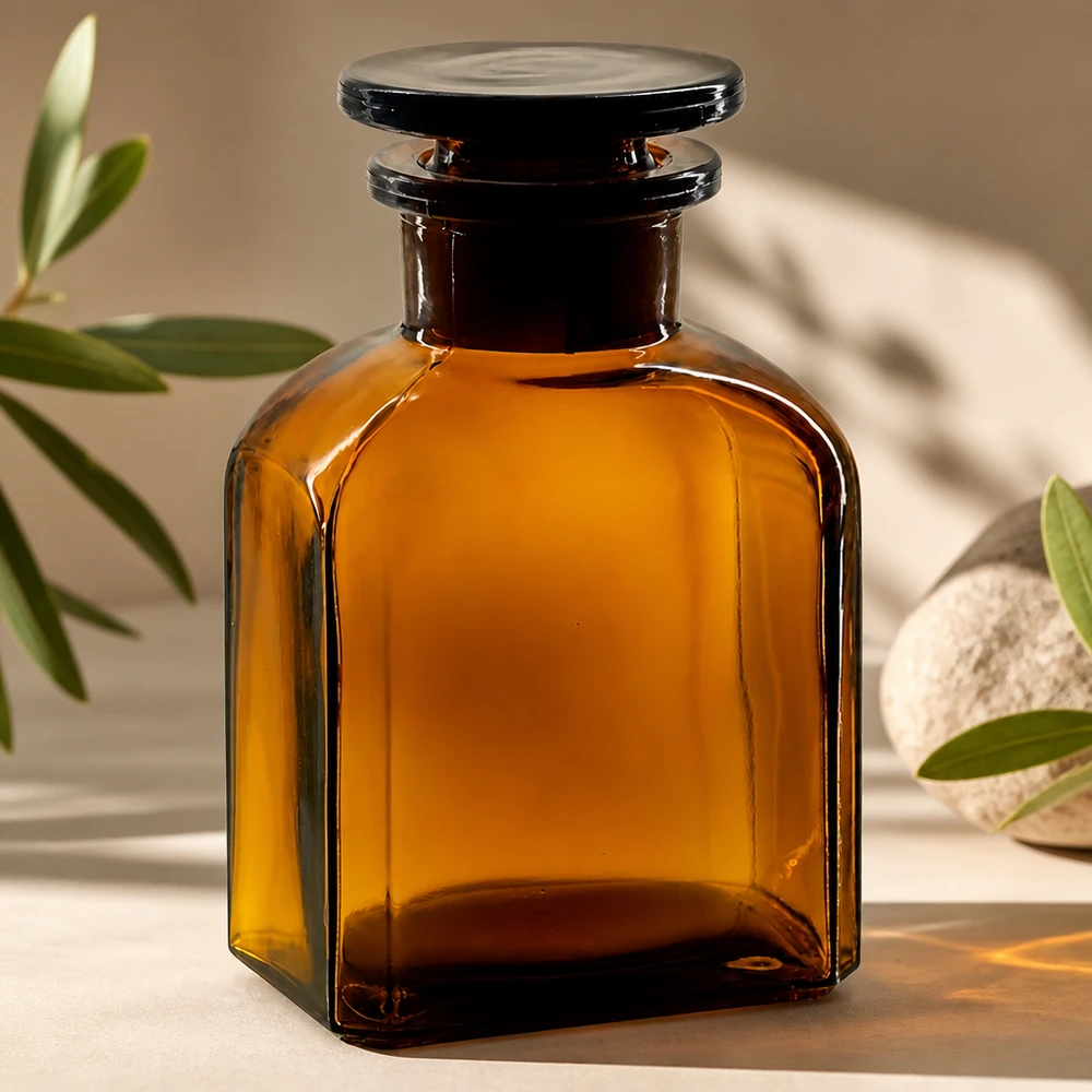 Čtvercová láhev 150ml hnědá skleněná zátka se širokým hrdlem Braune Glasflasche 150ml mit breitem Hals und Stopfen zur sicheren Lagerung von Naturextrakten