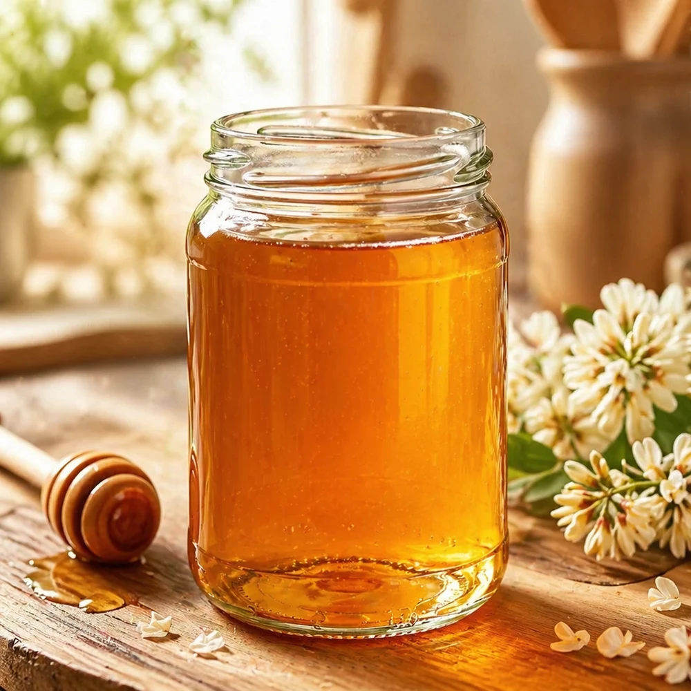 Kulatá sklenice o objemu 305 ml bez víčka (TO63) UNiTWIST UNiTWIST Runda305 Rundglas 305ml TO63 mit Honig gefüllt auf Holztisch neben Honiglöffel und weißen Blüten