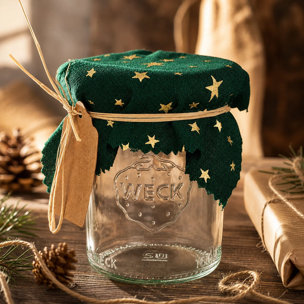 Látkový ubrousek na šperky zelený "hvězdy" 12cm čtvercový Weihnachtliche Dekoration mit grünem Sterne-Schmuckdeckchen 12cm eckig auf Weck-Glas zwischen Tannenzapfen und Geschenke