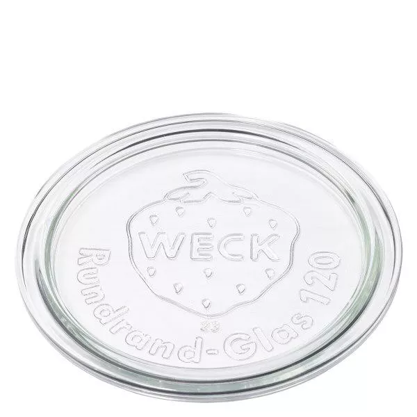 Skleněné víčko WECK RR120 WECK Glasdeckel RR120 aus transparentem Glas mit geprägtem WECK Logo und Rundrand-Glas 120 Aufschrift