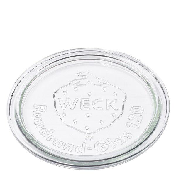 Skleněné víčko WECK RR120 WECK Glasdeckel RR120 aus transparentem Glas mit geprägtem WECK Logo und Rundrand-Glas 120 Aufschrift