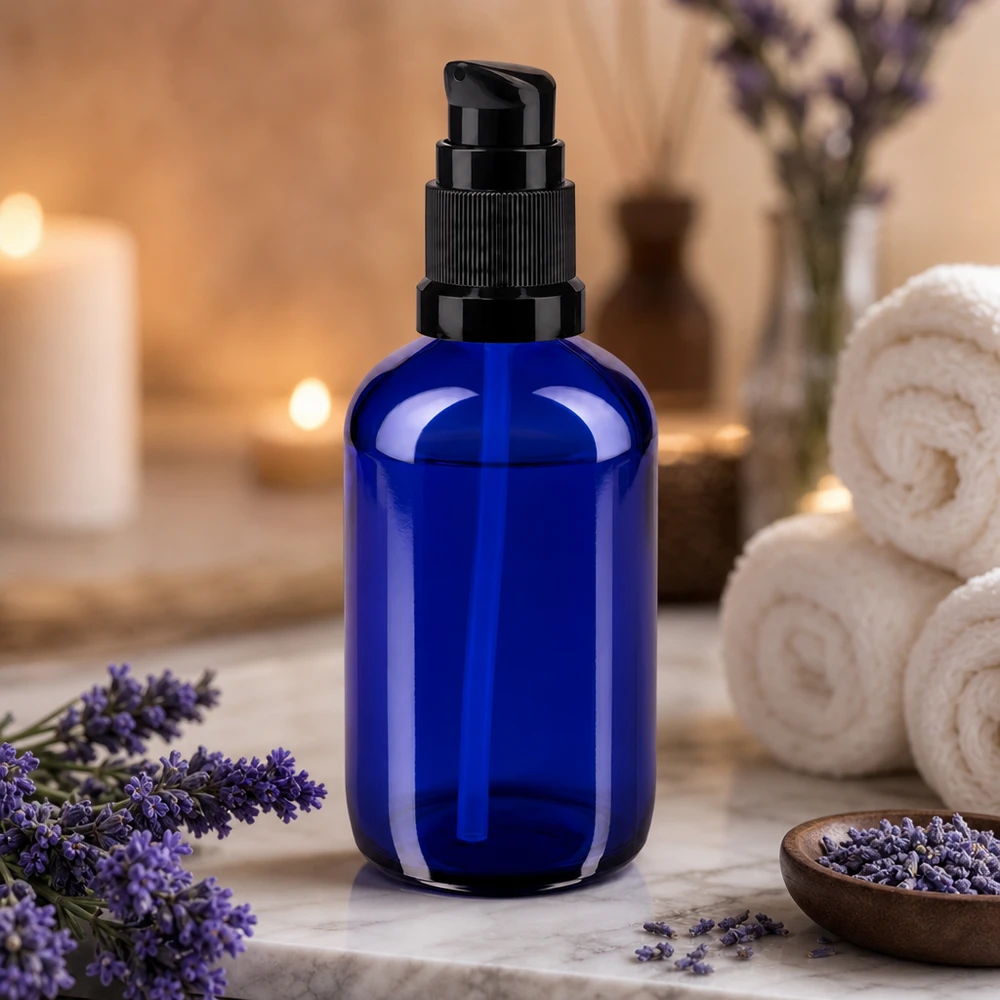 Lékárenská láhev modrá 100ml pumpovací uzávěr černý standardní UV-Schutz Glasflasche 100ml in Blau mit Pumpverschluss ideal für ätherische Öle