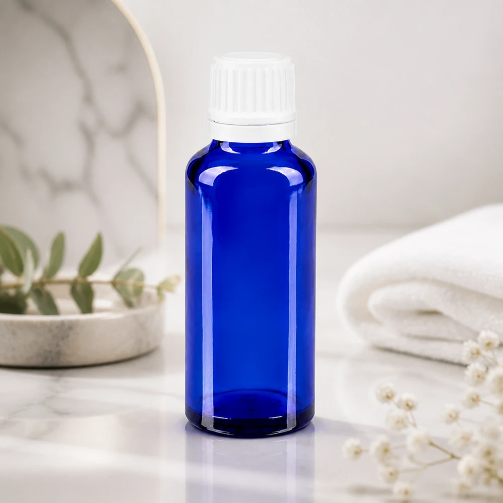 Apothekerflasche 30ml in Kobaltblau mit kindersicherem weißen Tropfverschluss für Laboranwendungen