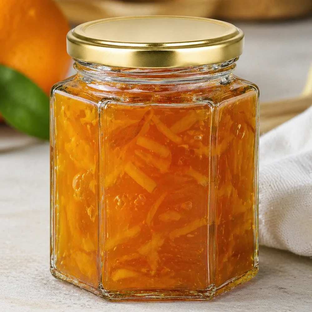 250g Honigglas BasicSeal mit Orangenmarmelade gefüllt goldener Deckel auf weißer Oberfläche Konfitüren-Aufbewahrung