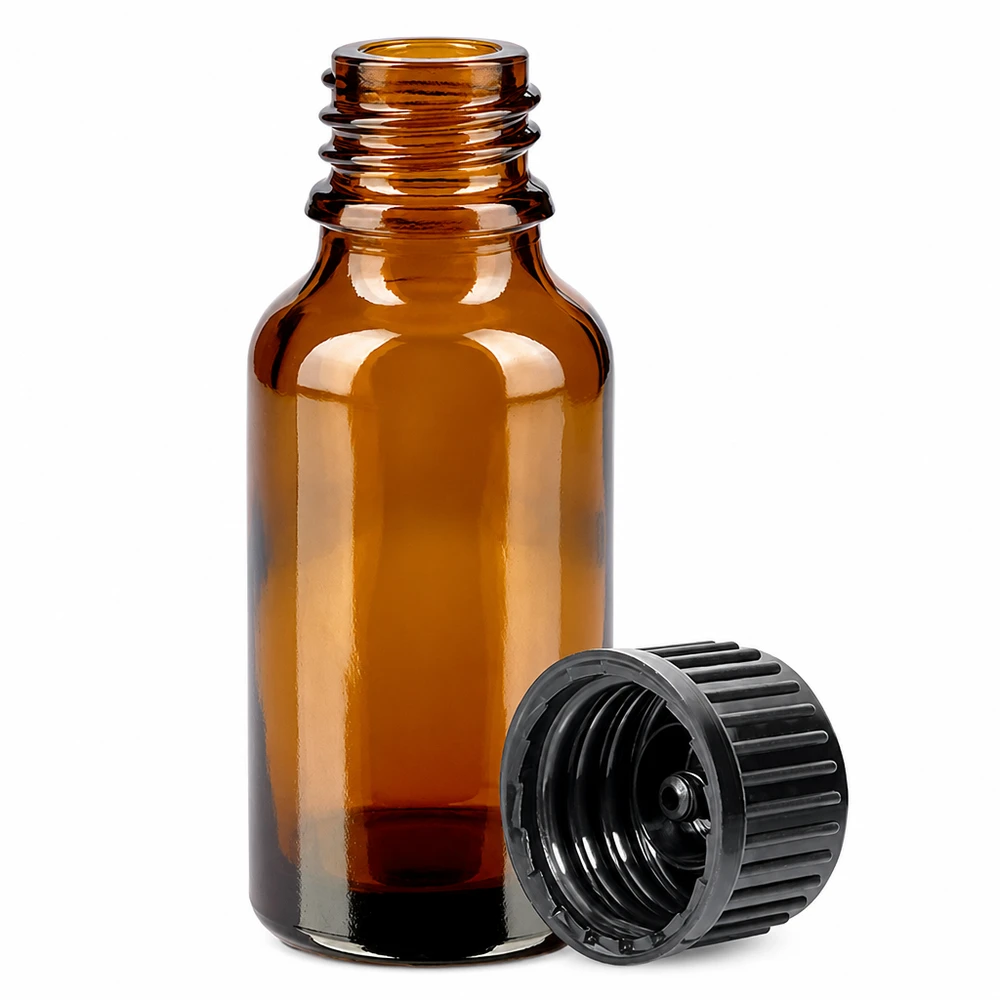 Handliche 20ml Glasflasche in Bernsteinfarbe mit fest schließendem Gewinde für sichere Lagerung