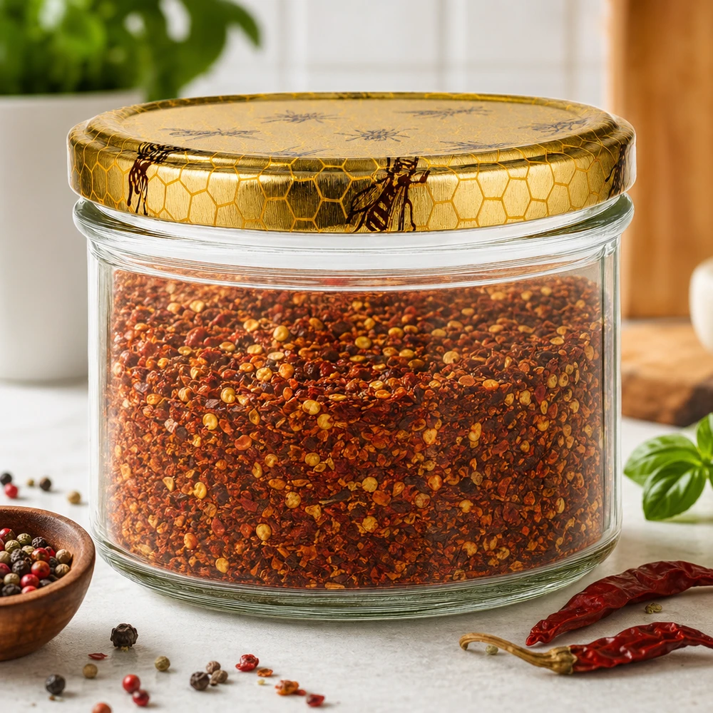 250g Honigglas mit Bienenwaben-Deckel gefüllt mit Gewürzen neben Pfefferkörnern und getrockneten Chilis
