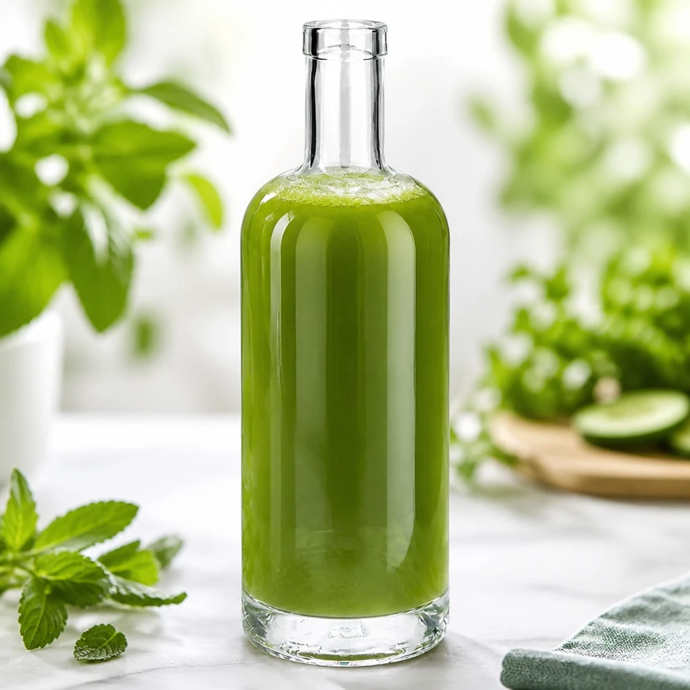 Glasflasche Emma 750ml mit grünem Inhalt gefüllt in natürlicher Umgebung mit Minze und Pflanzen dekoriert