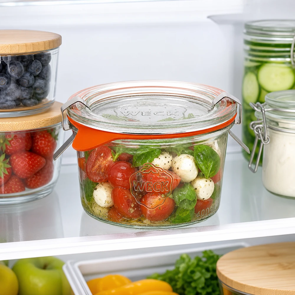WECK Sturzglas 200ml RR80 im Kühlschrank mit Caprese-Salat gefüllt neben anderen Vorratsgläsern mit Beeren