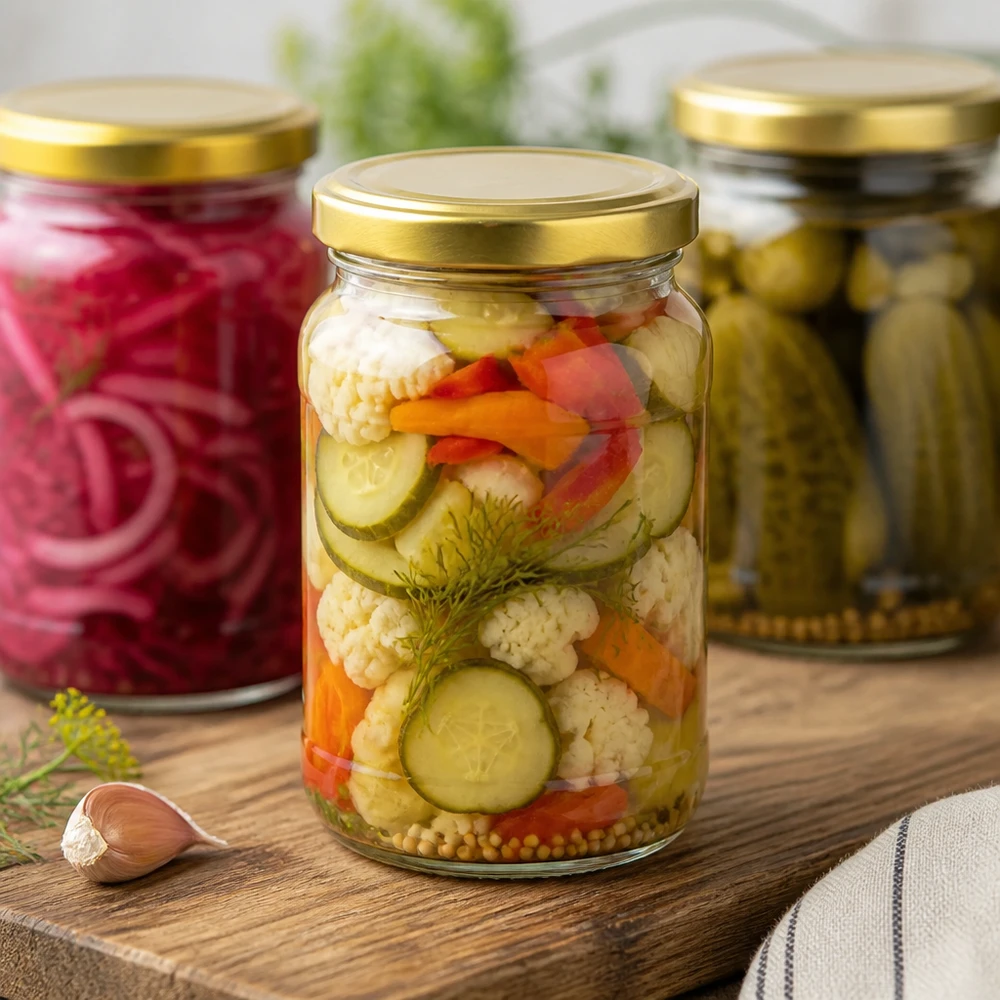 305ml kulatá sklenice s víčkem BasicSeal zlatá UNiTWIST 305ml Rundglas UNiTWIST mit eingelegtem Gemüse - Einweckglas mit goldenem Deckel für Pickles und Konserven