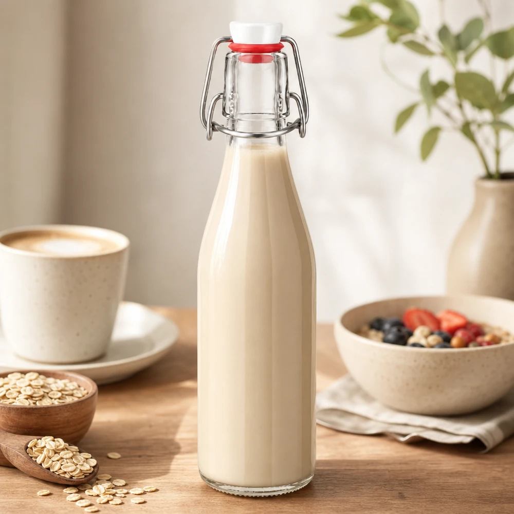 250ml skleněná láhev + výkyvný vršek PVC UNiTWIST 250ml Glasflasche mit Bügelverschluss gefüllt mit cremiger Hafermilch, perfekt für gesunde Ernährung und Frühstück