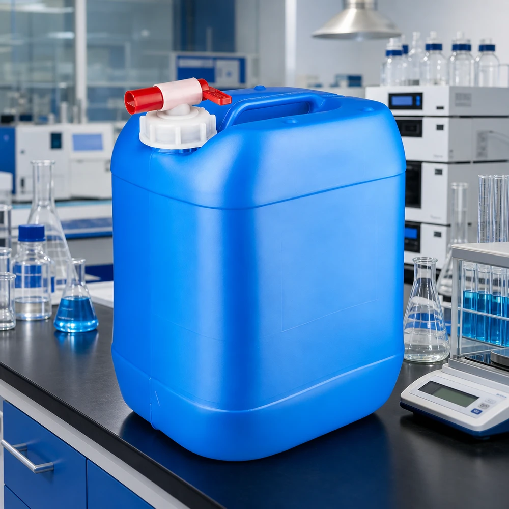 Kanystr 20 litrů modrý s vypouštěcím kohoutem Stapelbarer Kanister 20 Liter Blau mit Auslaufhahn für sichere Chemikalienlagerung