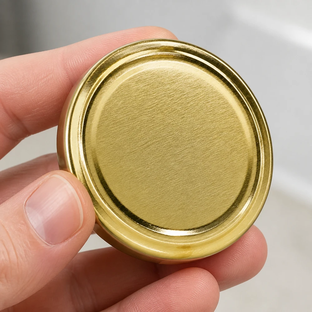 58 mm víčko BasicSeal, zlaté, TO58 UniTwist – detailní záběr lesklého kovového povrchu