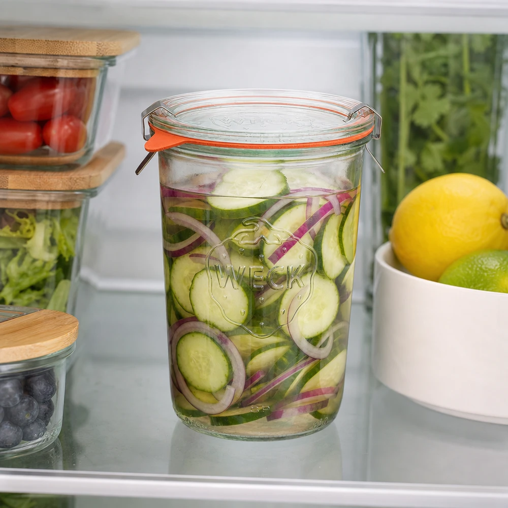 WECK RR100 Sturzglas 850ml im Kühlschrank mit eingelegten Gurken und Zwiebeln für optimale Lebensmittel-Frischhaltung