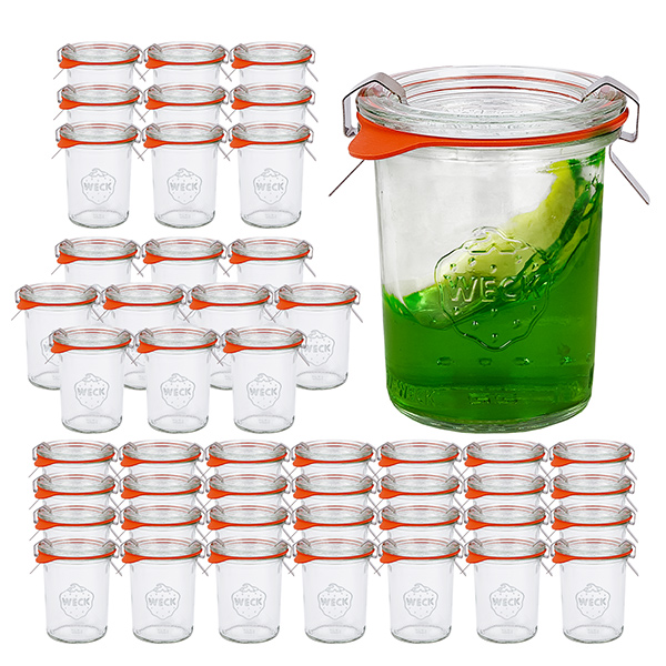 Sada 48 kelímků Weck o objemu 160 ml se 48 skleněnými víčky.