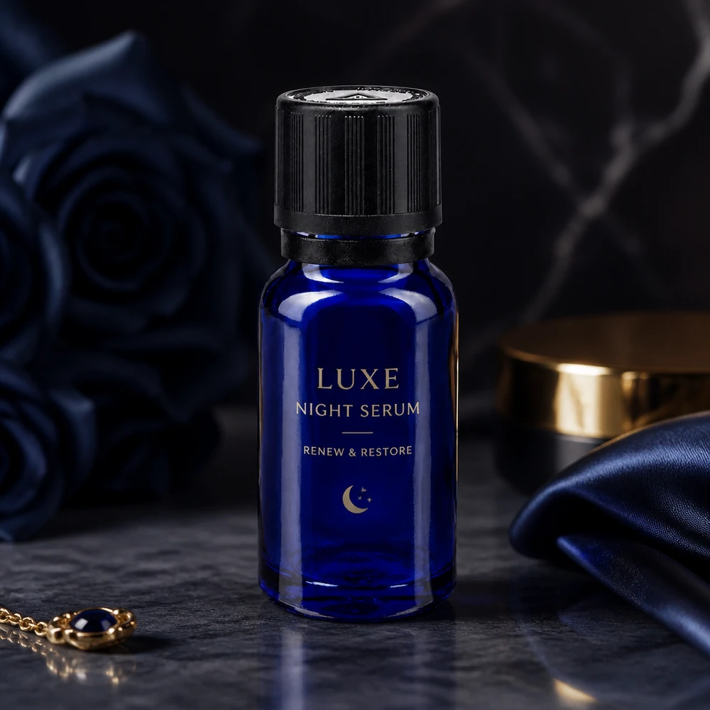 Lékárenská lahvička modrá 10ml kapací uzávěr nalévací kroužek 1mm černý dětský bezpečnostní zámek slepý výstražný symbol tamper evident uzá Kleine kobaltblaue Glasflasche mit Mondmotiv Tropfeinsatz 1mm und goldfarbenen Accessoires