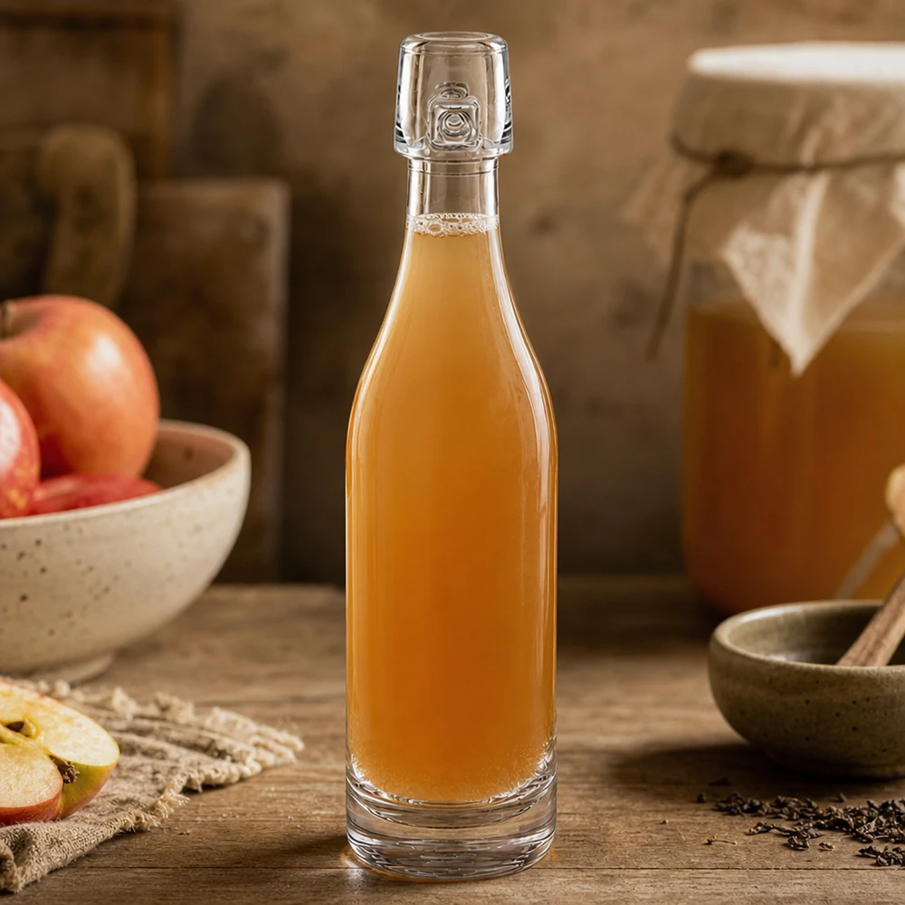 Skleněná lahvička 50 ml bez otočného uzávěru UNiTWIST 50ml Glasflasche UNiTWIST mit Apfellikör gefüllt zwischen Apfelscheiben und Gewürzen auf natürlichem Holz