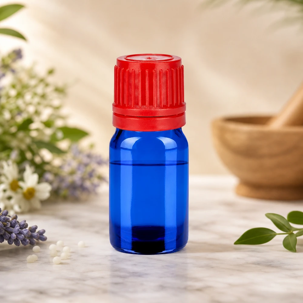 5ml Glasflasche mit matter Oberfläche in blau und ergonomischem rotem Verschluss BlueLine UT18/5