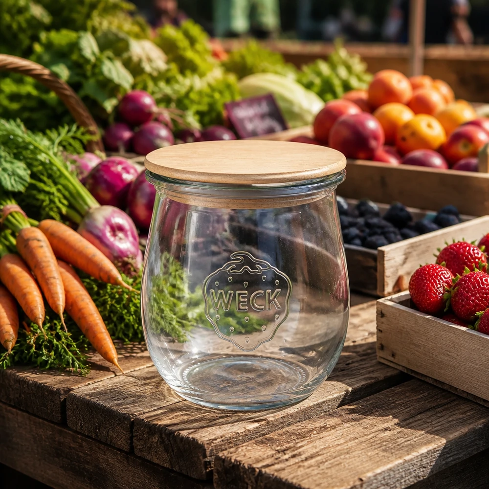 220ml tulipánová sklenice WECK RR60 s dřevěným víčkem WECK Tulpenglas 220ml RR60 mit Bambusdeckel auf Holzbrett zwischen frischem Marktgemüse und Obst - Nachhaltiges Vorratsg