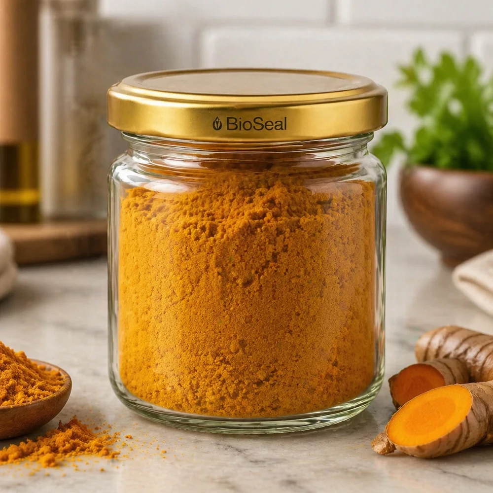 Kulatá dóza o objemu 53 ml se zlatým víčkem UNiTWIST BioSeal. UNiTWIST Runda53 Glas gefüllt mit Kurkumapulver und goldenem TO43 BioSeal Deckel in Küche mit frischem Kurkuma
