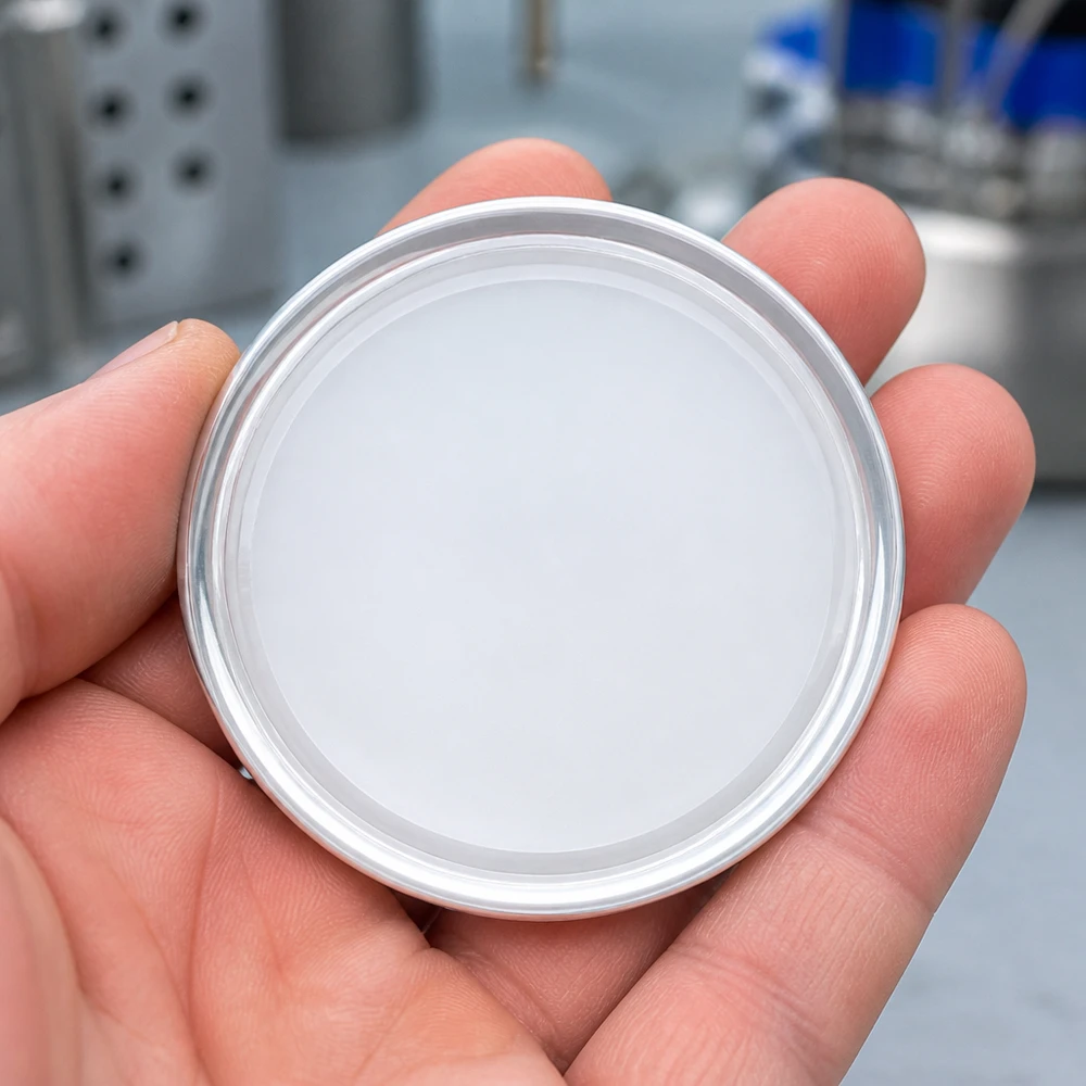 Detailní záběr bílého víčka BasicSeal TO66 UNiTWIST o průměru 66 mm se stříbrným okrajem v dlani