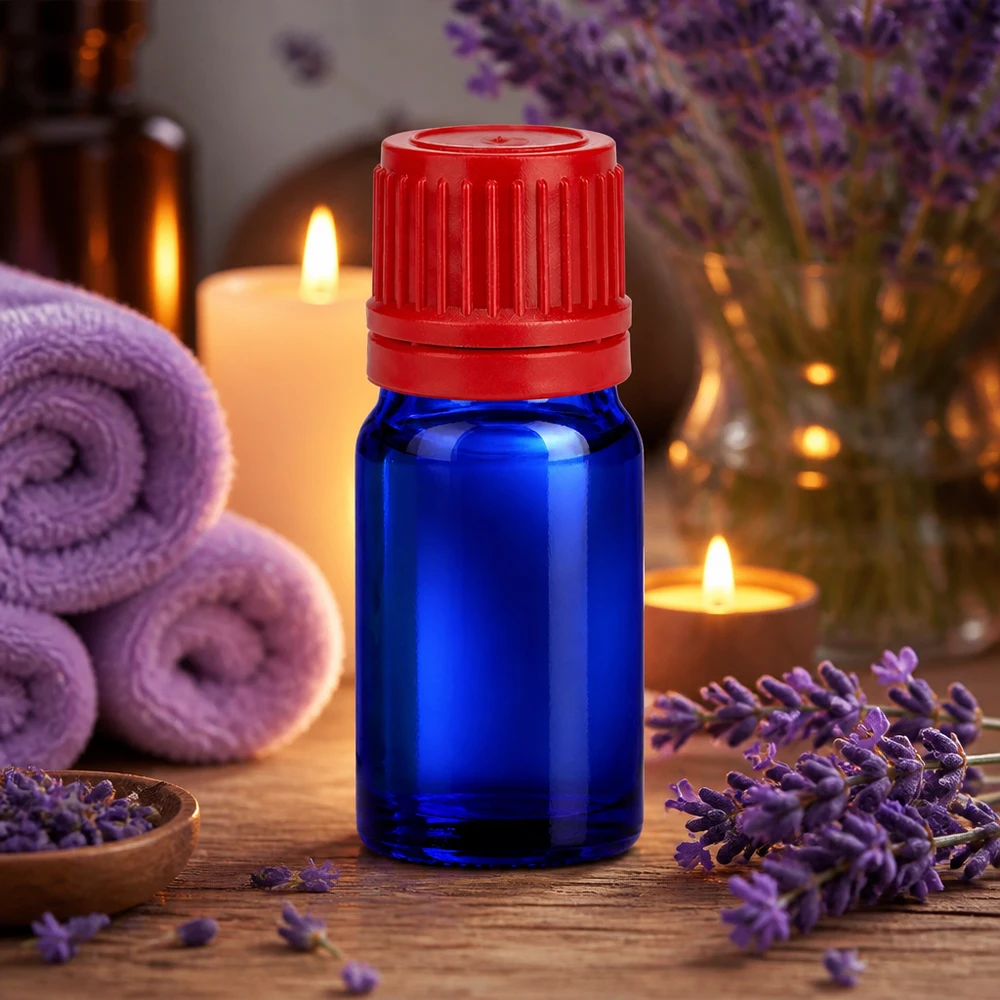5ml láhev 11mm šroubovací uzávěr červený tamper-evidentní uzávěr BlueLine UT18/5 Elegante blaue Glasflasche 5ml für Kosmetik mit rotem Schraubdeckel BlueLine UT18/5
