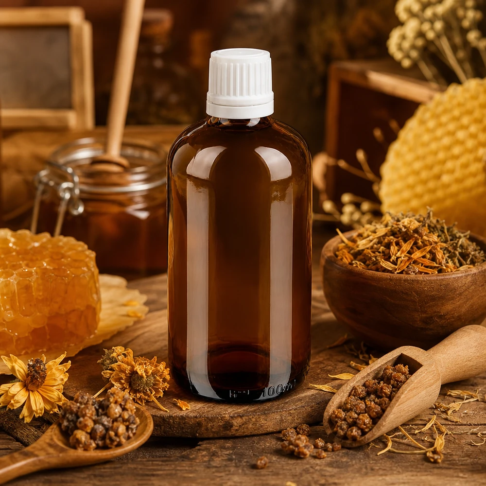 Lékárenská láhev hnědá 100ml šroubovací uzávěr bílý nedotknutelný uzávěr. Braunglas Apothekerflasche 100ml mit weißem 11mm Verschluss im natürlichen Kräuter-Honig-Ambiente