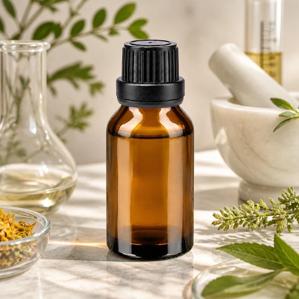 Lékárenská lahvička hnědá 15ml se šroubovacím uzávěrem černá s nepropustným uzávěrem Lichtgeschützte Braunglasflasche 15ml mit Schraubverschluss für Aromatherapie und Naturheilkunde
