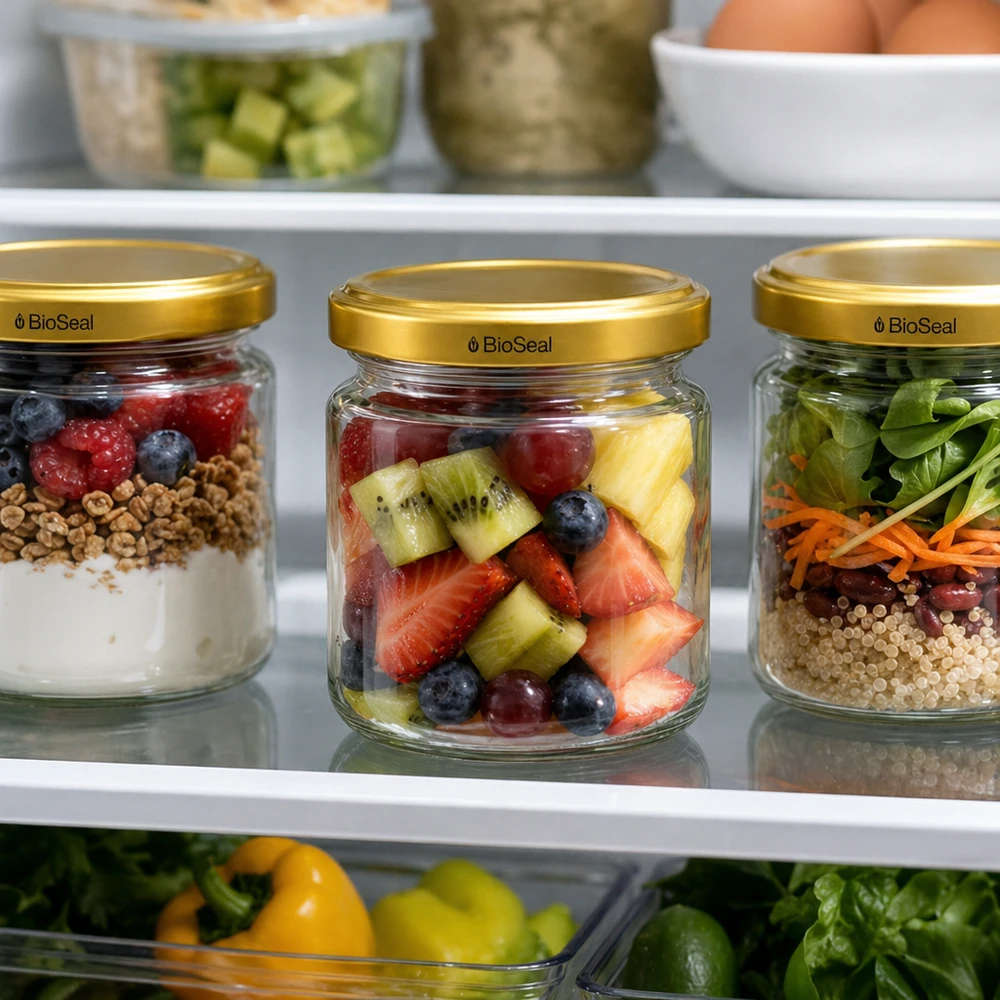 Kulatá dóza o objemu 53 ml se zlatým víčkem UNiTWIST BioSeal. UNiTWIST Runda53 Gläser mit goldenem TO43 BioSeal Deckel im Kühlschrank für Meal Prep mit Früchten und Salat