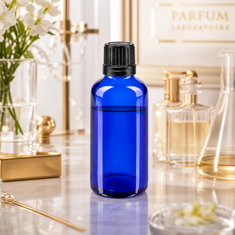 Professionelle 50ml Dosierflasche aus blauem Apothekerglas mit schwarzem Originalitätsverschluss