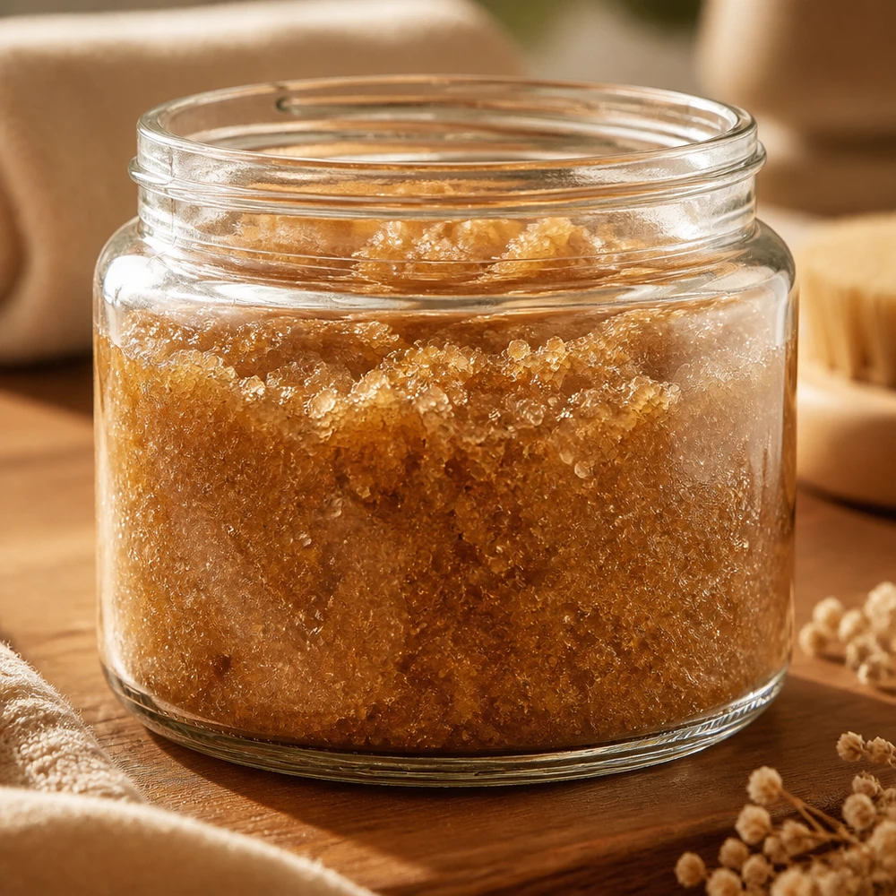 Dóza na mast (skleněná dóza) 250 ml čirá, bez víčka, závit 83 mm/R3 Salbenglas 250ml klar gefüllt mit goldbraunem Peeling-Scrub auf Holzuntergrund natürliche Kosmetik Anwendung