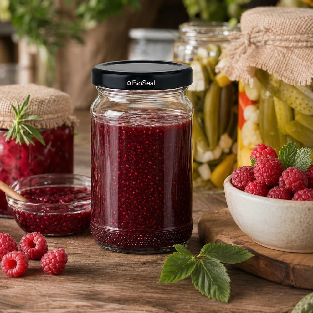 Kulatá sklenice 110 ml + víčko BioSeal černé UNiTWIST. UNiTWIST Runda110 mit Himbeergelee und schwarzem TO48 BioSeal Deckel auf rustikalem Holztisch mit frischen Himbeeren