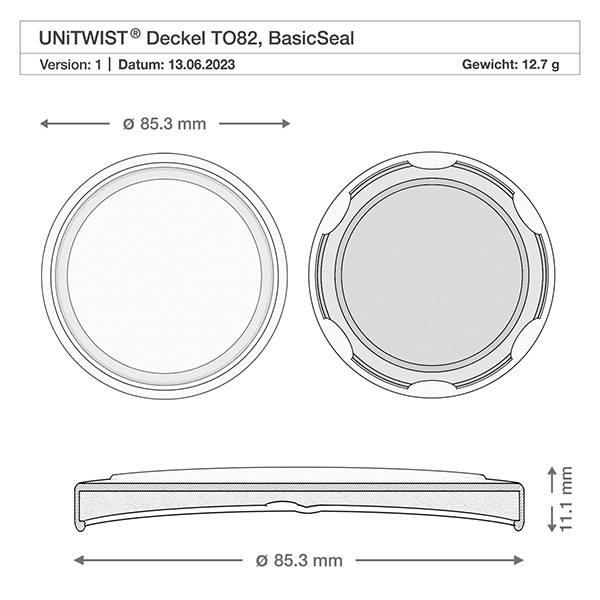 Skleněná nádoba 230ml + víčko BasicSeal voština UNiTWIST. Technische Zeichnung des weißen BioSeal Deckels T082 mit Maßangaben 85,3mm Durchmesser und 11,1mm Höhe