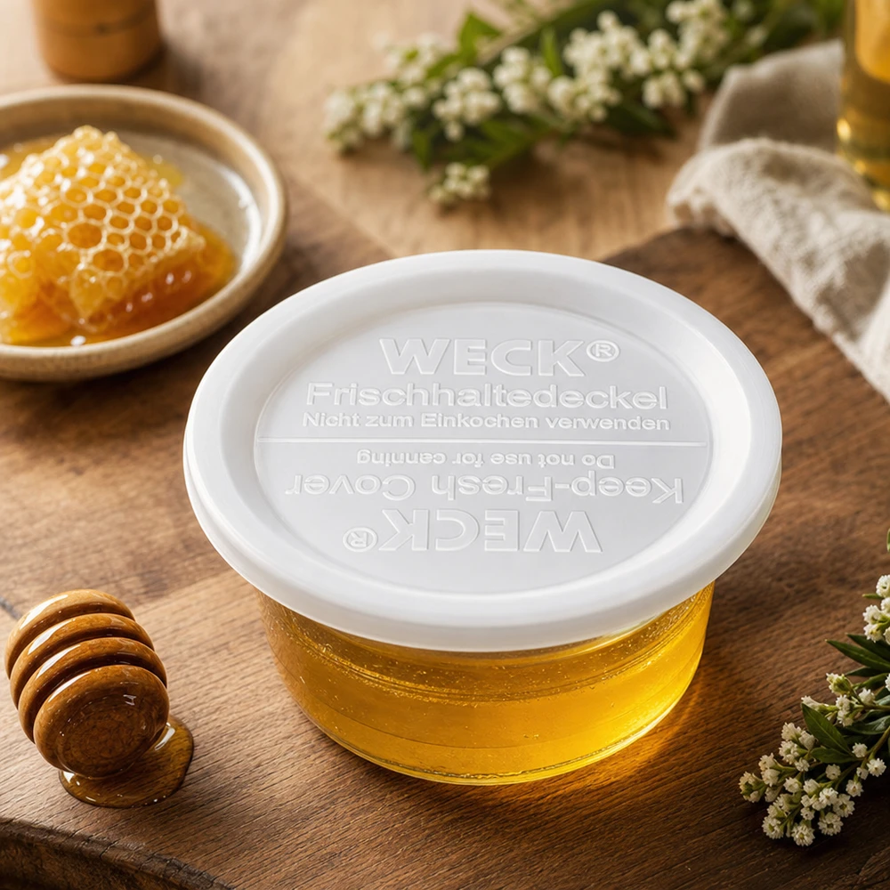 Přilnavé víko WECK RR120 WECK Frischhaltedeckel RR120 mit Honig und Bienenwabe auf Holzbrett natürliche Lebensmittelaufbewahrung